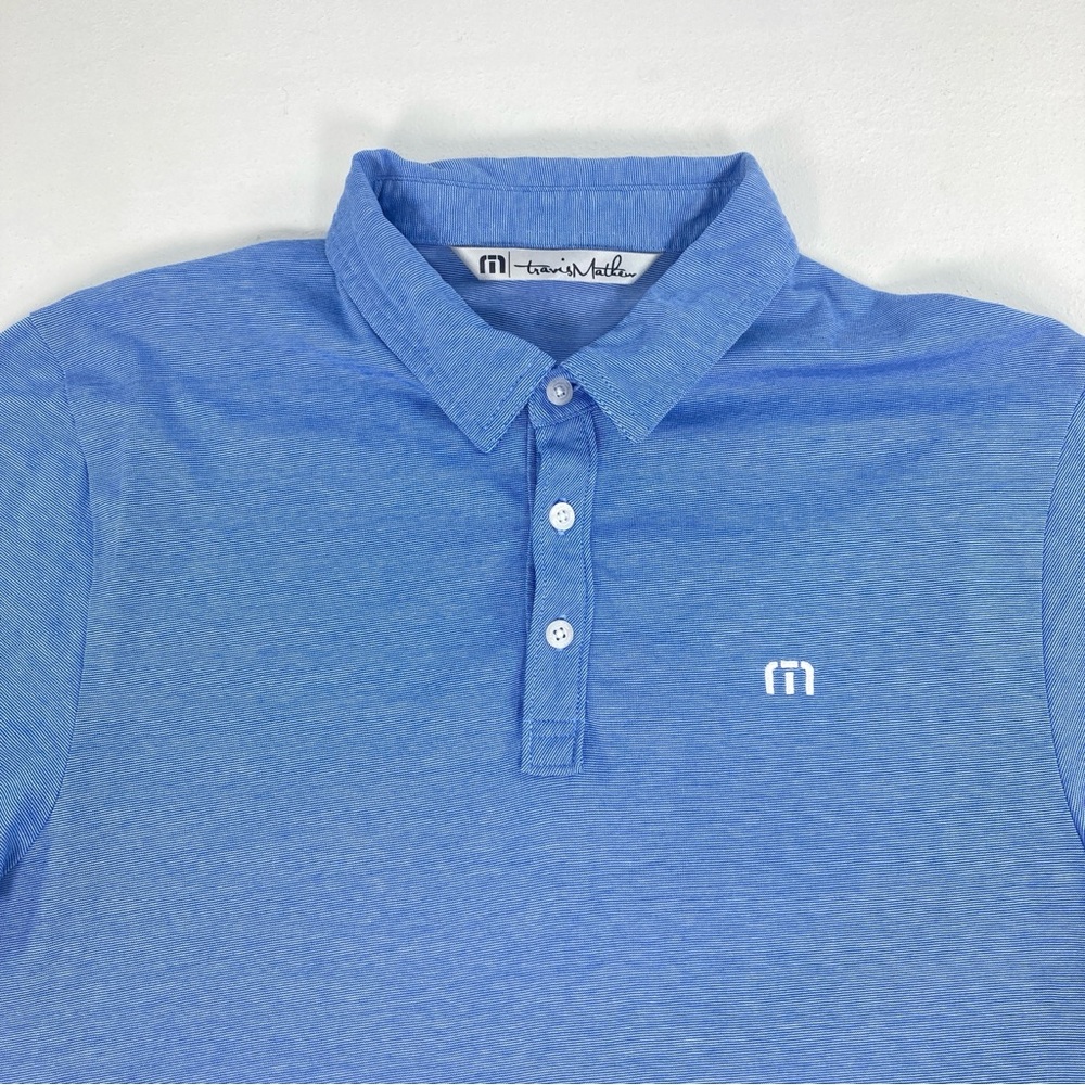 Travis Mathew Polo Shirt Mens Medium Blue Striped Golf Performance Short Sleeve - Picture 5 of 16